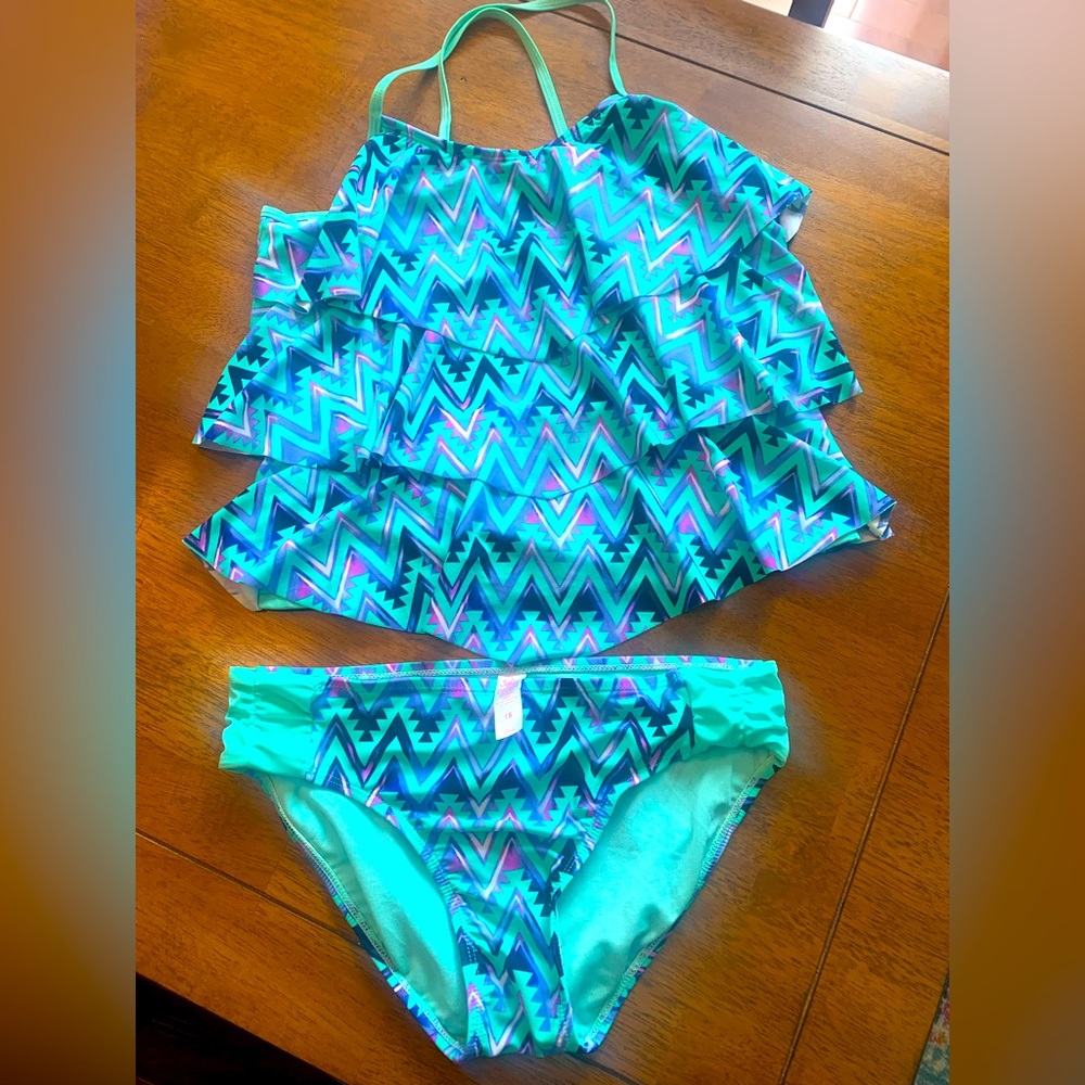 Two piece turquoise and navy swim suit size 18 girls